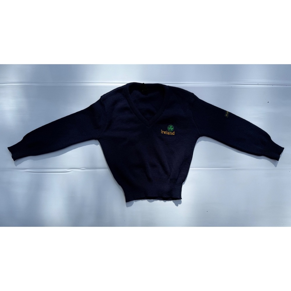 Blarney Castle Knitwear Ireland V-Neck Sweater Kids Navy Blue Shamrock Vintage - Picture 1 of 6